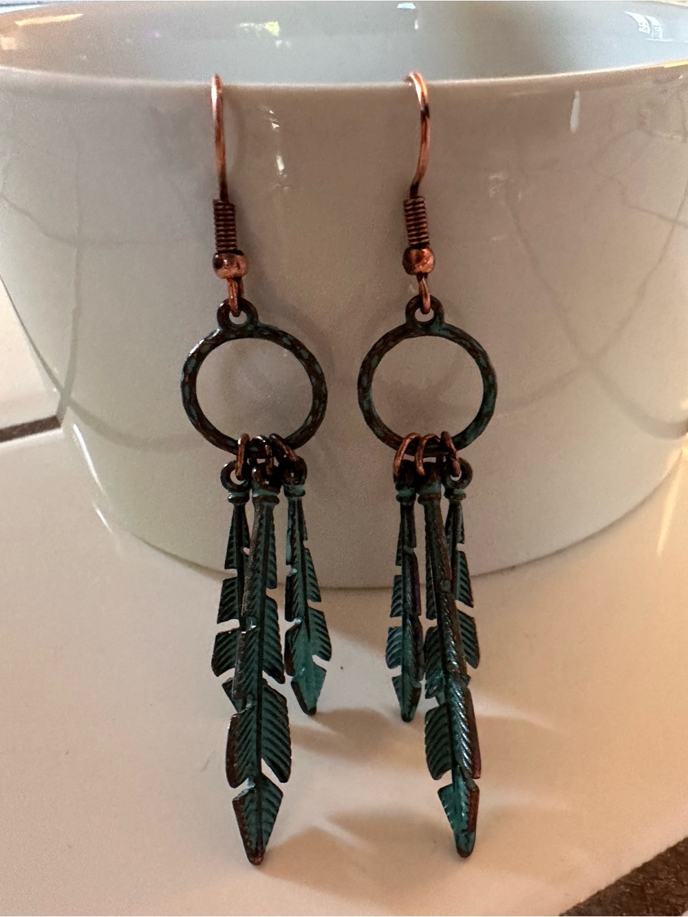 Patina Copper Feather Dangle Earrings - Women Jewelry